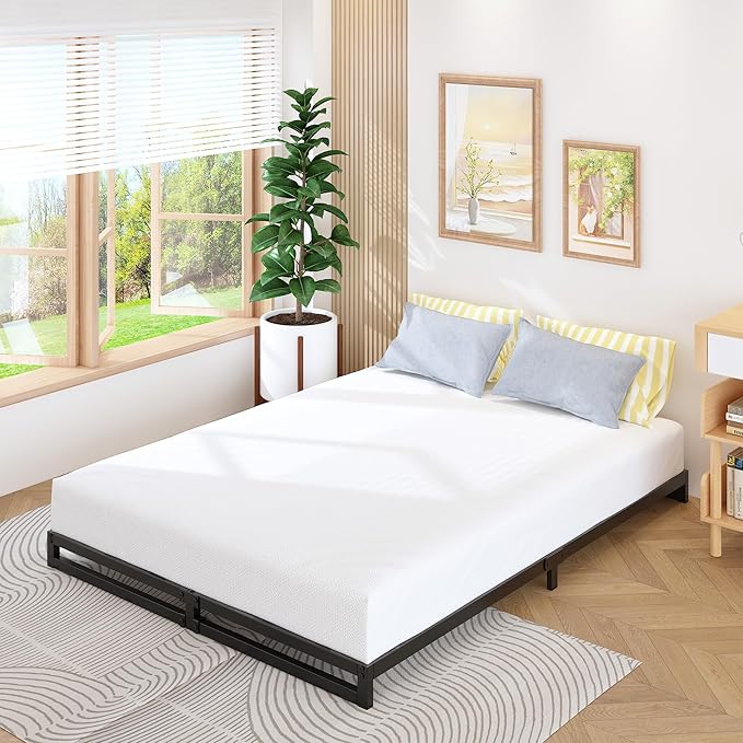 6 Inch Bed Frame Queen Size Heavy Duty Steel Slat Support Metal Platform Queen Bed Frame No Box Spring Needed, Easy Assembly, Black