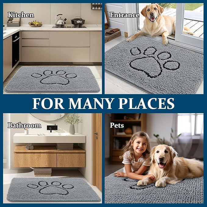 OLANLY Door Mat for Muddy Dog Paws 59x24, Ultra Absorbent Chenille Mud Doormat with Paw Print Design, Non-Slip Washable Doormat for Indoor Entryway, Quick-Dry Pet Bed Mats for Dirty Dogs, Grey