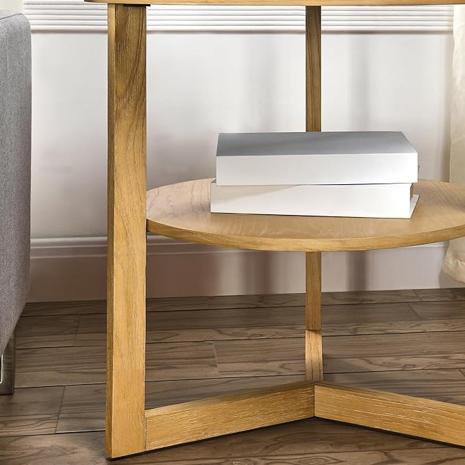 MODERION Large Round End Table, Rustic Beside Table with Umbrella Shaped Top, Traditional Circular Sofa Side Table with Shelf, 25.2”D Nightstand, Telephone Table for Living Room Natural CJZ3338OA