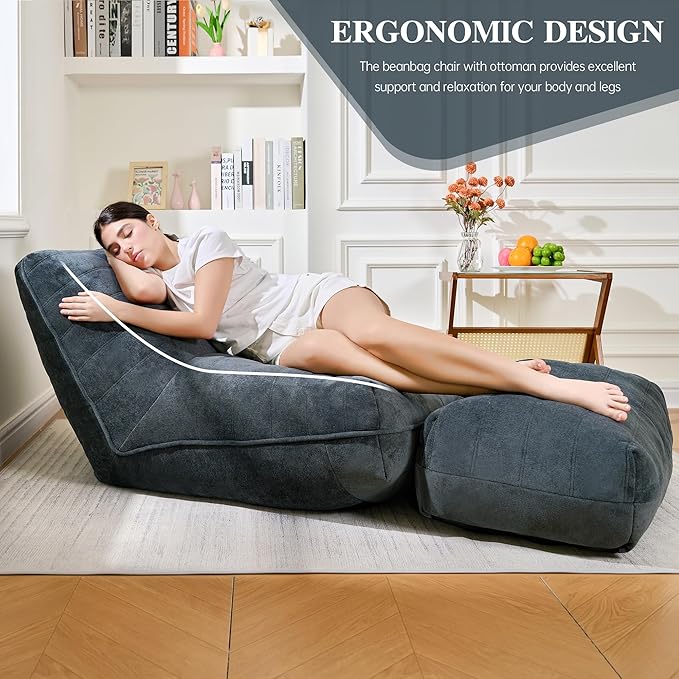 Bean Bag Chair with Ottoman, Comfy Bean Bag Sofa with Memory Foam, Lazy BeanBag Sofa with Footstool, Fireside Bean Bag Couch for Living Room, Bedroom, Apartment (Blue Gray)