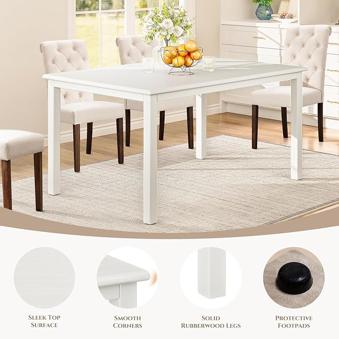 COLAMY 60 Inch Rectangular Kitchen Dining Table for 4, Modern Farmhouse Dining Table Set for 4, Wood Dining Table and Folding Dining Chairs for Kitchen, Dining Room, Restaurant, White/Beige