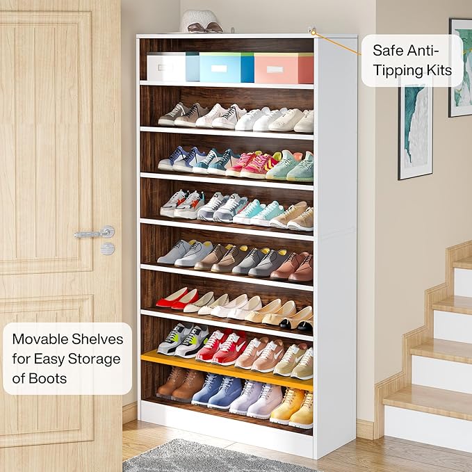 Tribesigns Tall Shoe Cabinet, 9 Tiers 40-45 Pairs Heavy Duty Wood Freestanding Shoe Storage Cabinet, 70.8'' Tall Shoe Cabinet with Open Storage for Entryway (White/Brown)