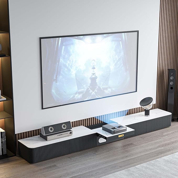 POVISON Fully-Assembled Modern TV Stand for Projector, Sintered Stone Entertainment Center with Storage for Living Room, TV Cabinet with Drawers for 120+ inch TV, Media Console for Living Room