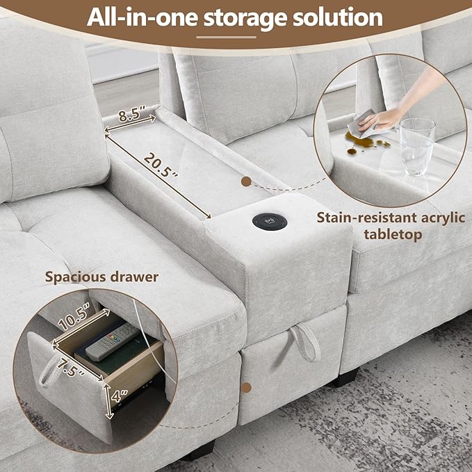 Merax 104 * 104" Chenille Sectional Couches with 2 Acrylic Consoles, Upholstered Modular Tufted Sofa Chaise with Ottoman, Storage Drawers, Pockets, USB Charger & Cup Holders for Living Room Apartment