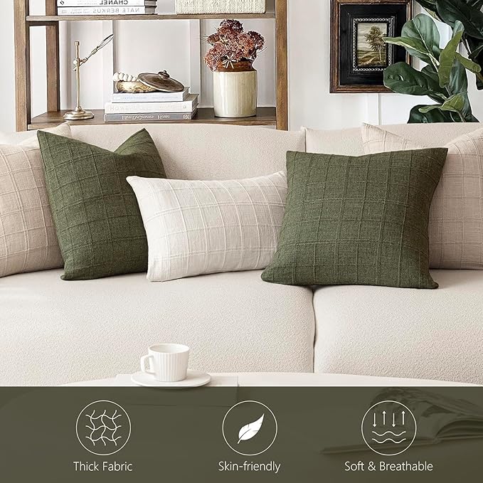 Foindtower Set of 2 Decorative Linen Check Throw Pillow Covers Neutral Farmhouse Vintage Cushion Covers Modern Boho Home Decor for Sofa Chair Couch Bedroom Living Room Outdoor,20×20 Inch,Olive Green