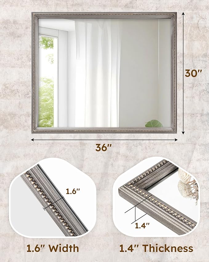 Axeman 30x36 Wood Wall Mirror, Rustic Bathroom Mirror, Vintage Wall Mounted Mirror Tempered Glass with Beaded Wooden Frame for Farmhouse Living Room Vanity Bedroom Entryway, Grey
