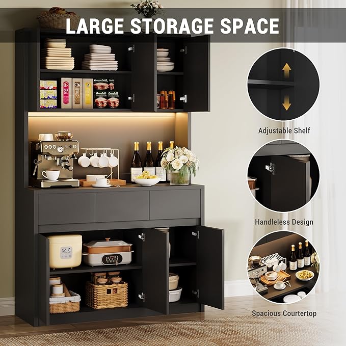 Garvee Kitchen Pantry Storage Cabinet, Tall Storage Cabinet with Doors and Shelves, Kitchen Storage Hutch with Microwave Stand, Led Lights and Charging Station,Corner Pantry Cabinet,Black