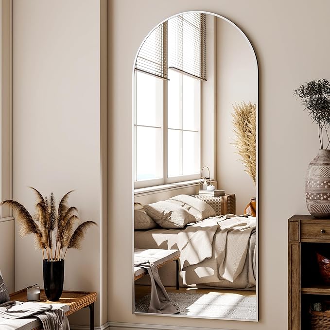 56"x21" Floor Full Length Mirror Standing Full Body Rounded Corner Rectangle Mirrors with Stand Hanging Wall Mounted Leaning Bedroom Living Room Bedroom Cloakroom