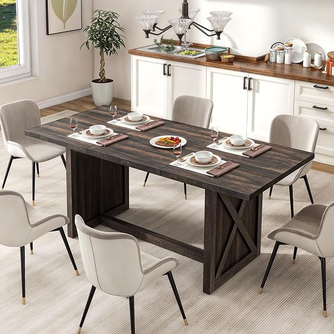 DWVO Farmhouse Large Dining Table for 6-8 People, 70.8 Inch Rectangular Wood Dining Table, Rustic Kitchen Dinner Table with X Solid Legs for Dining Room Grey