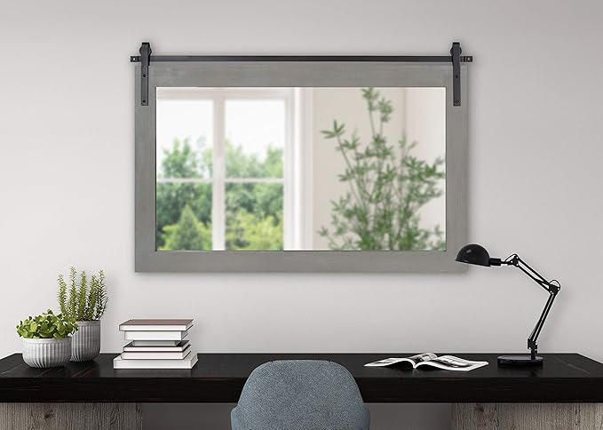 Kate and Laurel Cates Farmhouse Horizontal Wood Framed Wall Mirror, 40 x 26, Gray, Barn Door-Inspired Rustic Mirrors for Wall