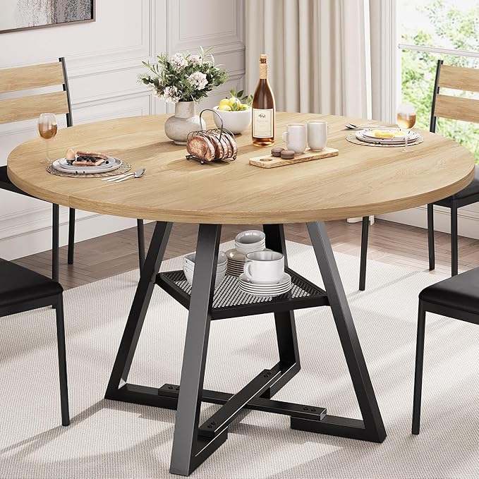 47'' Round Dining Table for 4,Kitchen Dining Room Circle Dinner Pedestal Table,Space Saving Wood Kitchen & Dining Room Furniture (Natual Wood, 47In)
