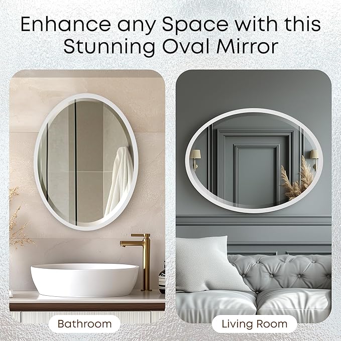 OVALCREST - Oval Wooden Beveled Wall Mirror for Home Decor, Bathroom, Vanity, Bedroom, Living Room, Hallway - London Style (Linen White) 21.1 x 25.1