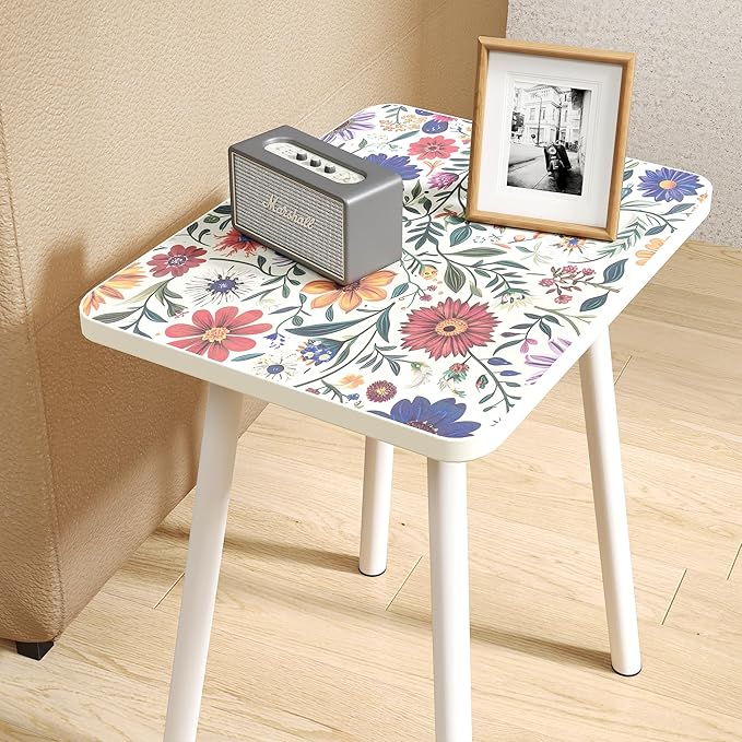 Mandala Small Rectangle End Table, Side Table with Black Flowers Finish, Retro Modern Small Coffee Table for Balcony, Living Room(11.8" D x 15.7" W x 17" H, White, Rectangle)