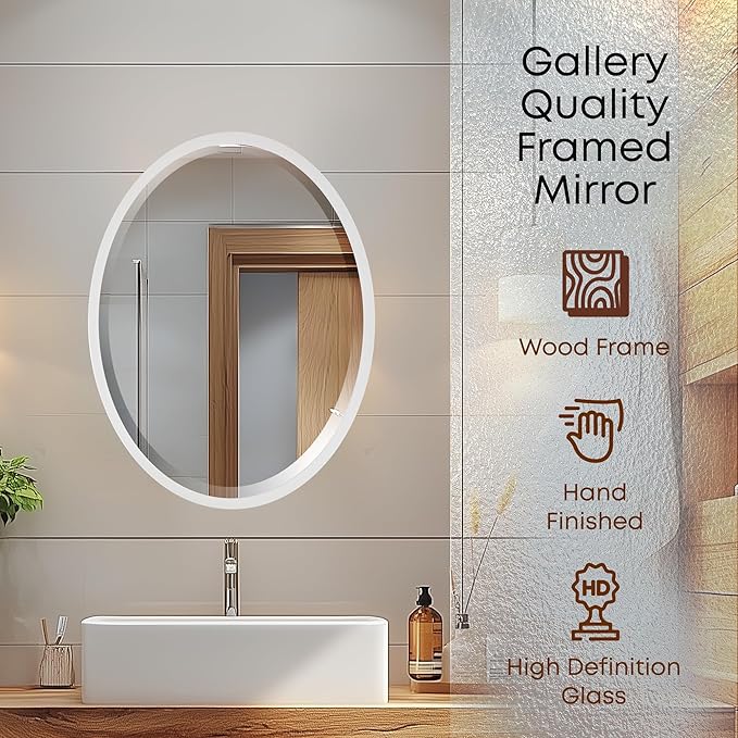 OVALCREST - Oval Wooden Beveled Wall Mirror for Home Decor, Bathroom, Vanity, Bedroom, Living Room, Hallway - London Style (Linen White) 17.1 x 21.1
