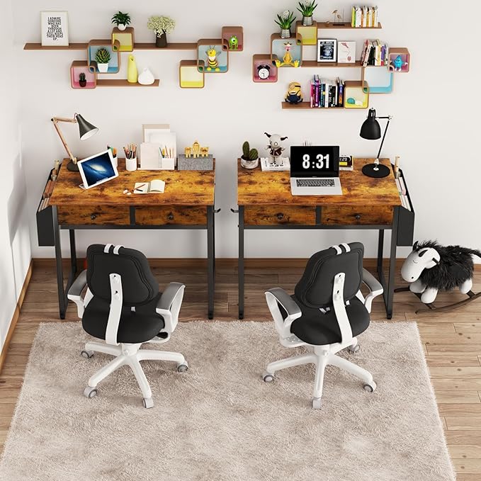 Lufeiya Small Computer Desk with 2 Drawers for Bedroom, 31 Inch Home Office Desk with Storage Fabric Drawer and Bag, Study Writing Table for Small Spaces, Rustic Brown