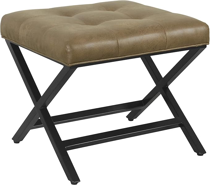 HomePop Home Decor | Modern Tufted Faux Leather Square Ottoman with Metal X Base | Ottoman for Living Room & Bedroom | Decorative Home Furniture, Light Brown Faux Leather