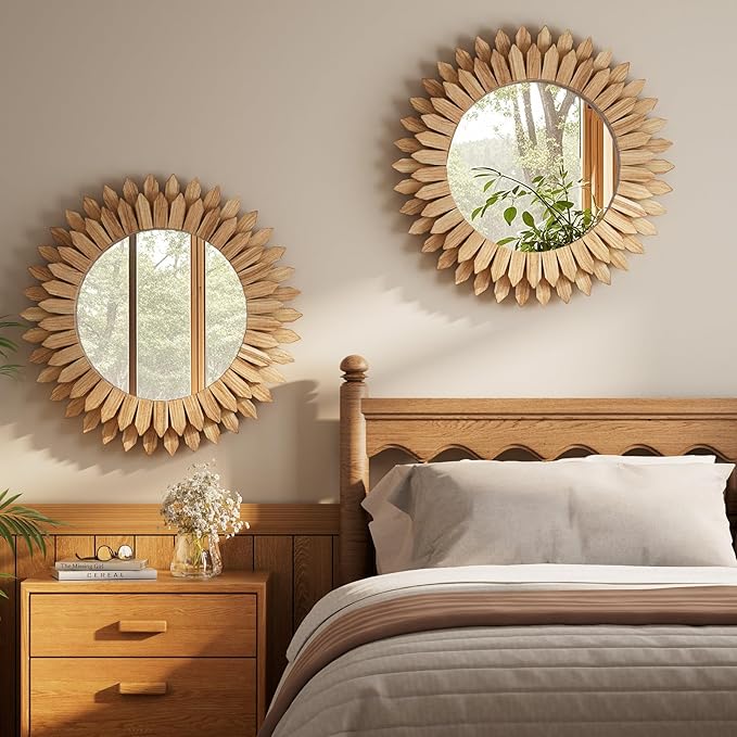 24 Inch Brown Boho Wall Decor Sunburst Mirror - Round Wooden Wall Decor, Handmade Rustic Circular Mirror for Living Room, Bedroom, Entryway, Office