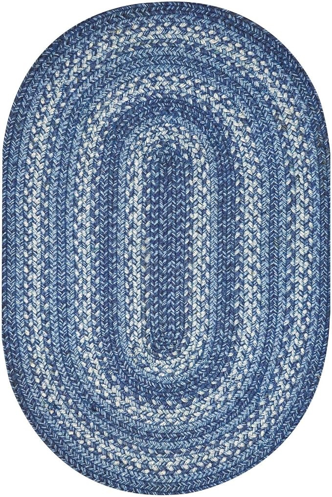 Homespice 27x45” Blue Oval Braided Rug. Denim Blue and White Jute Oval Rug. Uses- Entryway, Kitchen Rugs, Bathroom Rugs. Reversible, Rustic, Country, Primitive, Farmhouse Decor Rug