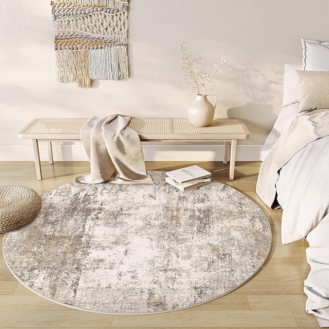 6x6 Washable Round Rug Brown Grey Neutral Abstract Living Room Bedroom Area Rug Non Slip Soft Low Pile Indoor Floor Carpet for Office Dining Room Kitchen Entryway