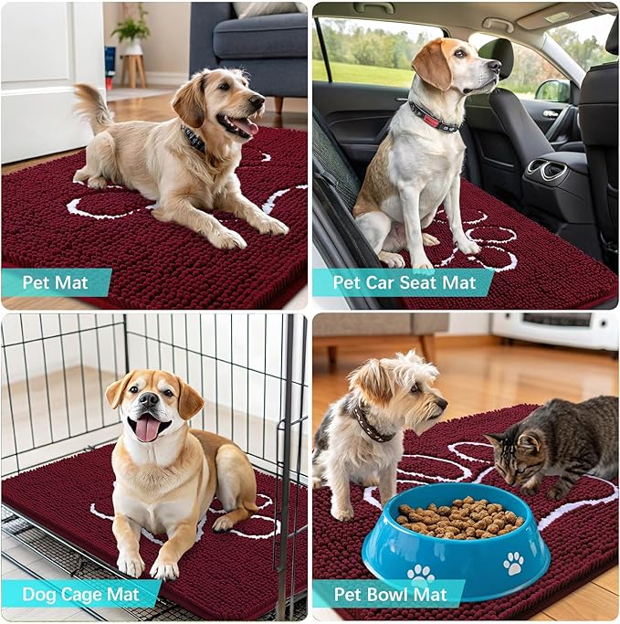 OLANLY Door Mat for Muddy Dog Paws 30x20, Ultra Absorbent Chenille Mud Doormat with Paw Print Design, Non-Slip Washable Doormat for Indoor Entryway, Quick-Dry Pet Bed Mats for Dirty Dogs, Burgundy