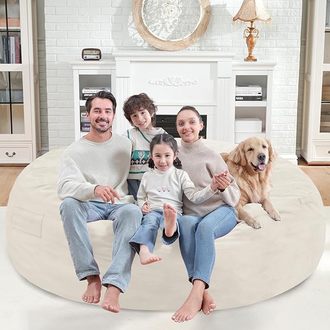 7FT Bean Bag Chair, Large Bean Bag Chairs with Memory Foam Filled, Fluffy Beanbag Sofa with Dutch Velvet Cover, Round BeanBag Chairs for Living Room, Playroom - Beige