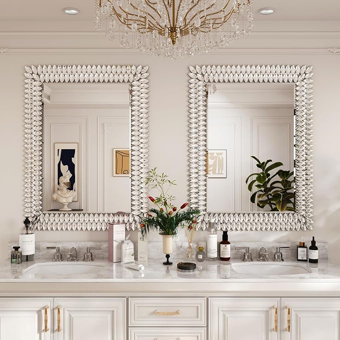 Kelly Miller 30"x40" Jeweled Bathroom Wall Mirror, Large Rectangle Mirror Decorative Mirror Luxury Vanity Mirror with Diamonds for Master Bath Half Bath Living Room Bedroom Fireplace Mantle Entryway