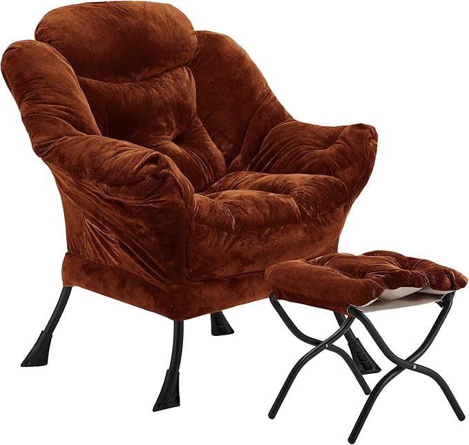 Fabric Lazy Chair with Ottoman, Oversized Upholstered Sofa Chair for Adults, Plush Comfy Lounge Chair with Large Side Storage Pocket, Reading Chair for Living Room, Bedroom, Study Room, Brown