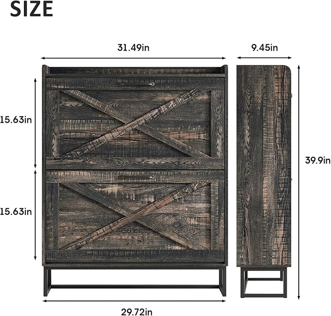 Maupvit Shoe Storage Cabinet with 2 Flip Drawers, Freestanding Organizer with Metal Legs for Entryway, Narrow Shoe Rack Cabinet, Dark Rustic Oak
