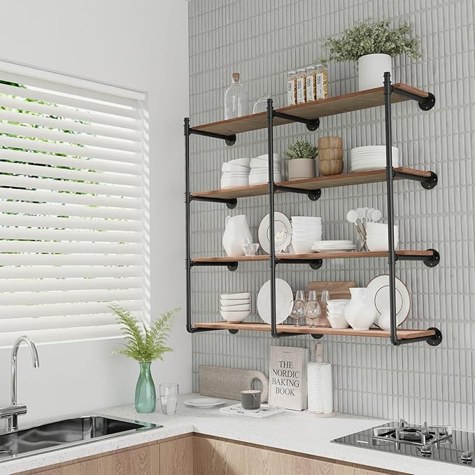 Industrial Pipe Shelf Brackets Wall Mount, Open Black Pipe Shelving for Kitchen,Floating Shelf Brackets Mount,Open Bookshelf Brackets for Shelves,Wall Shelves 12 Inch Deep,(2PcsX3Tier,47" Tal)