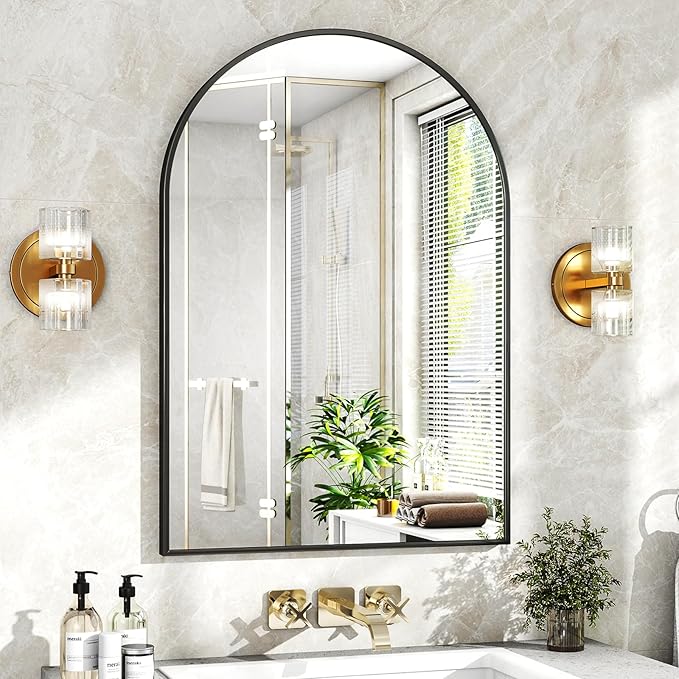 26"x38" Arched Wall Mirror for Bathroom, Black Vanity Mirror for Bedroom, Living Room, Entryway, Decorative Hanging Mirror for Wall