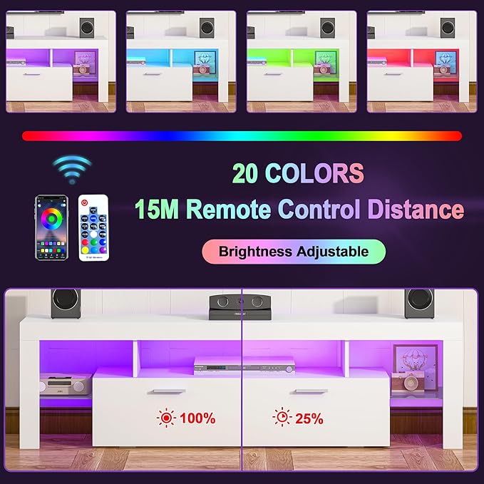 Clikuutory Modern Lighting 63 inch TV Stand with Large Storage Drawer for 50 55 60 65 70 75 Inch TVs, TV Console with 20 Color LED Lights, Entertainment Center Media and Open Shelf for Bedroom, White