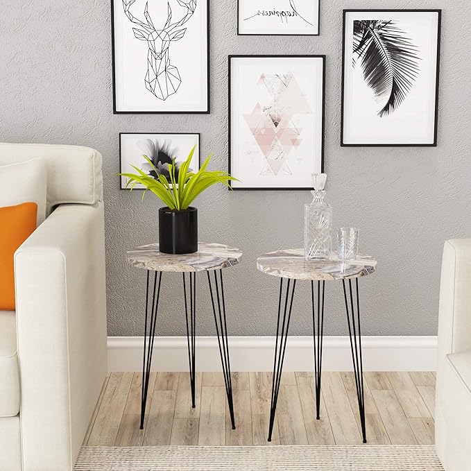 PAK HOME Set of 2 End Tables Round Wood Sofa Side Coffee Tables for Small Spaces, Nightstand Bedside Table with Metal Legs for Bedroom, Living Room, Office, Balcony (Grey Marble)