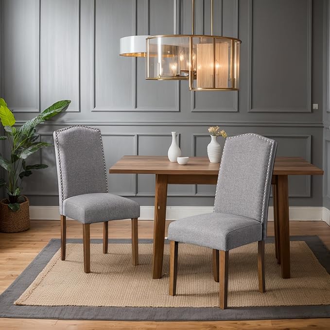 Stylish Upholstered Parsons Dining Chair with Silver Nailhead Trim and Sturdy Solid Wood Legs