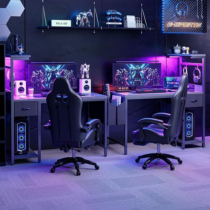 Gaming Desk 55 Inch with Power Outlet and LED Light, Computer Desk with Reversible Shelves and Storage Drawer, Pc Small Desk for Home Office Table with Bag, Carbon Fiber Grey