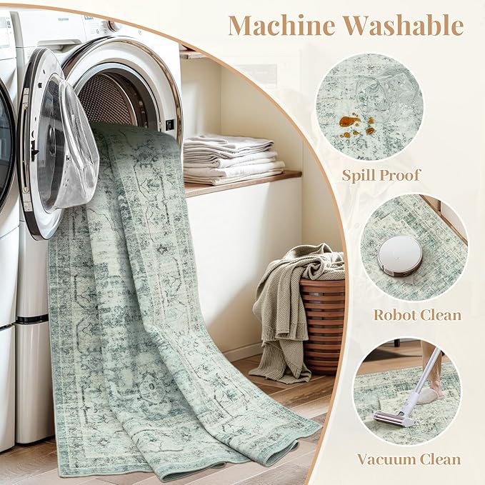 LIVEBOX Washable Area Rug 5x7 Rugs for Living Room Bedroom, Non-Slip Boho Indoor Carpet for Dining Room Office, Low-Pile Farmhouse Soft Carpets for Kids Nursery Playroom, Sage Green