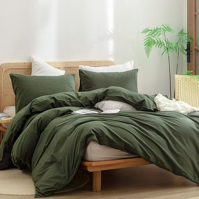 BESTOUCH Duvet Cover Set 100% Washed Cotton Linen Feel Super Soft Comfortable Chic Lightweight 3 PCs Home Bedding Set Solid Olive Green Super King Plus
