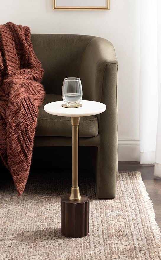 Kate and Laurel Nisha Traditional Marble Round Drink Table, 10 x 10 x 22, White Marble, Antique Brass, and Dark Brown, Vintage Mango Wood Circle Mini Table for Use as Plant Stand or Living Room Decor