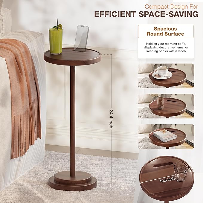 BLUEWEST Drink Table, 24.4" Tall Compact Side Table with Phone Slot and Weighted Base, Durable Pedestal Table Accent for Living Room, Bedroom, or Office, Martini and Cocktail