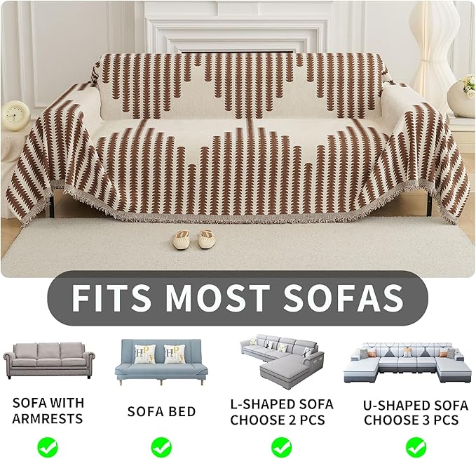 HAOMAIJIA Boho Sofa Covers Couch Covers for 3 Cushion Couch Sofa Pet Friendly Soft Thick Non Slip Couch Cover for Dogs Washable Sectional Couch Covers L Shape Furniture Protector (Brown, 91"x134")