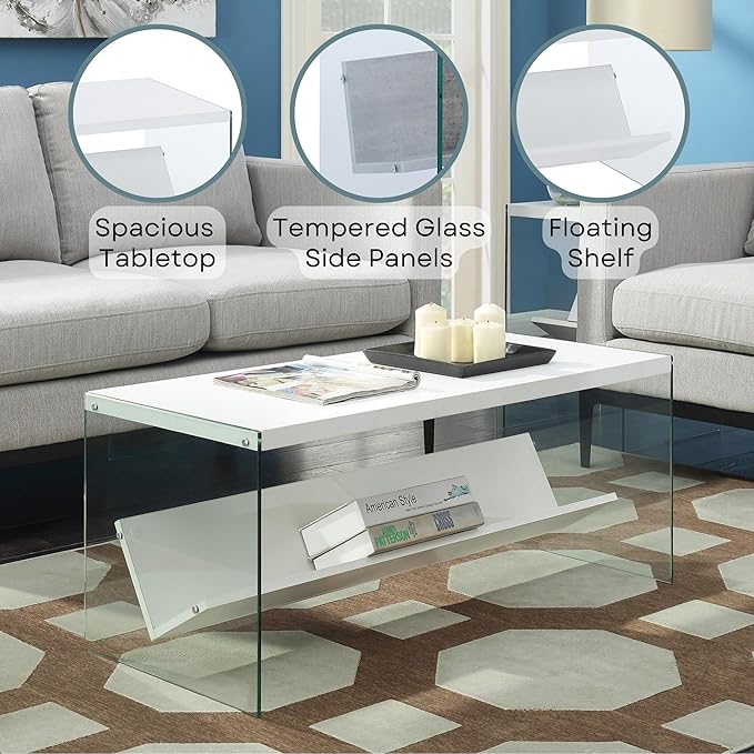 Convenience Concepts SoHo Glass Modern Living Storage Shelf, Contemporary Coffee Table for Family Room, 40", White