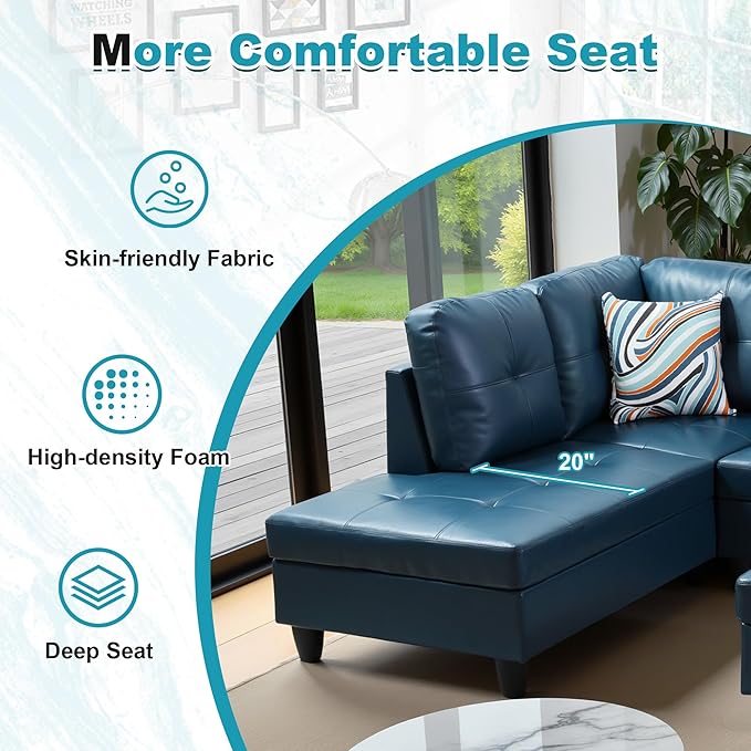103.5" Oversized Sectional Couch, L Shaped Couch with Storage Ottoman, Modern Modular Sofa with Deep Seat, Sectional Couches for Living Room and Office, Peacock Blue (PU Leather)