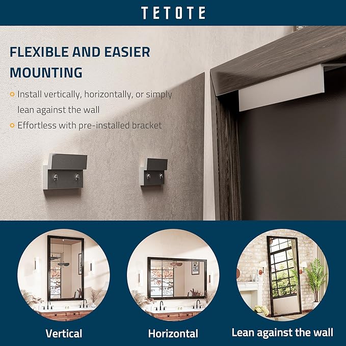 TETOTE 22 x 30 Black Wooden Mirror for Bathroom Wall/Bedroom/Living Room/Entryway Farmhouse Rustic Bathroom Vanity Mirror for Wall Waterproof (Horizontal/Vertical Mounted)