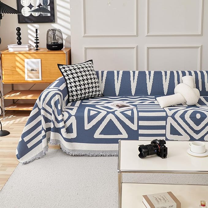 STACYPIK Modern Boho Couch Covers, Non Slip Blue Geometric Sofa Cover for Loveseat, Washable Furniture Protector for 3 Cushion Couch, Anti Slip Reversible Jacquard Couch Throw Covers for Sofa-71X150IN