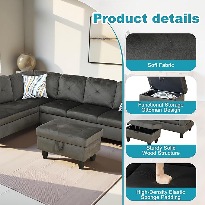 L Shaped Couch Modern Sectional Couch Upholstered Flannel Fabric 3 Pieces Sofas for Living Room with Chaise, Storage Ottoman for Office and Small Apartment, Grey