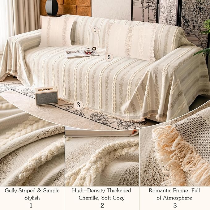 Couch Cover for Dogs Washable Sofa Cover, Sectional Couch Covers, Sofa Covers for 2 Cushion Couch, Non Slip Stripe Sofa Slipcovers Furniture Protector, Couch Protector from Cat Claws, Beige,71''x134''