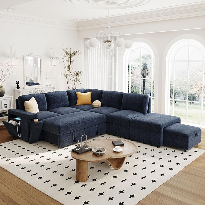 Merax L-Shaped Modular Sectional Sofa with Removable Storage Ottoman, USB Ports and Cup Holder, 6-Seats Upholstered Couch & Armrest, Free Combination Indoor Furniture for Living Room, Apartments, Blue
