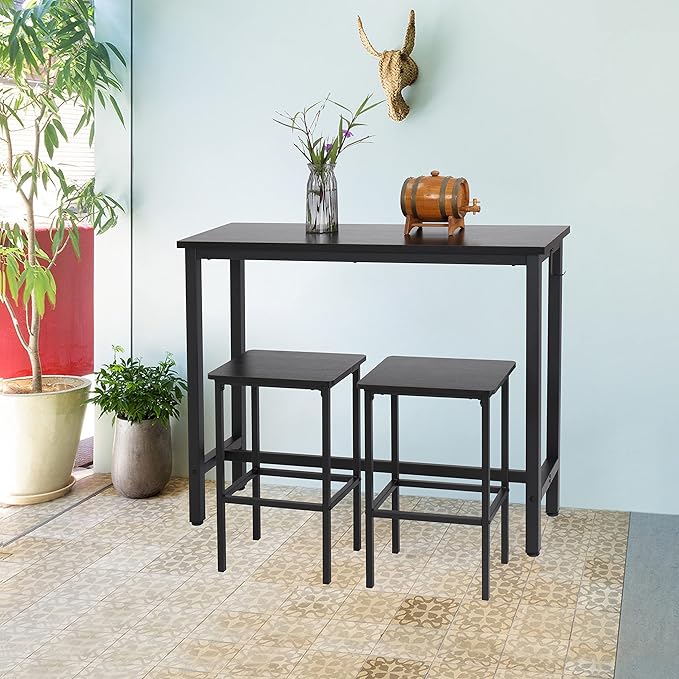 Finnhomy 47" Bar Set - Pub High Top Table With Stools, Rectangular Bar Height Kitchen Set for 2, Industrial Breakfast for Kitchen, Living Room, Rustic Black