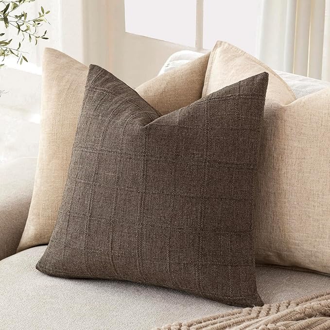 Foindtower Set of 2 Decorative Linen Check Throw Pillow Covers Neutral Farmhouse Vintage Cushion Covers Modern Boho Home Decor for Sofa Chair Couch Bedroom Living Room Outdoor,18×18 Inch,Dark Brown