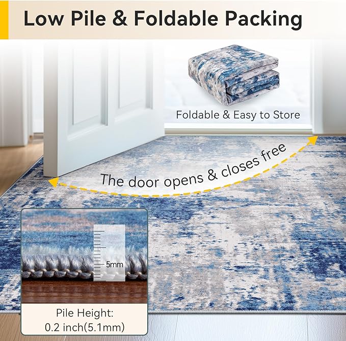 Washable Area Rugs 2'x3' Non-Slip Modern Abstract Soft for Living Room Entryway Bedroom Nursery, Print Pattern, Blue Grey Navy Gray
