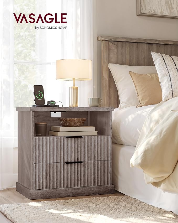 VASAGLE MAXE Collection - Nightstand with Charging Station, Bedside Table, Side End Table with 2 Drawers, Open Shelf, 2 AC Outlets, 2 USB Ports, Transitional, for Bedroom, Washed Gray ULET626G01S